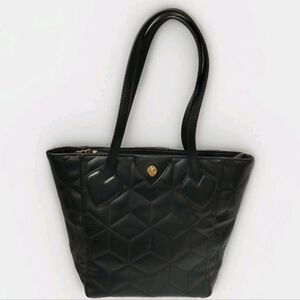 Anne Klein Black Quilted Faux Leather Tote Bag W/Gold Accent & Dbl Top Handles